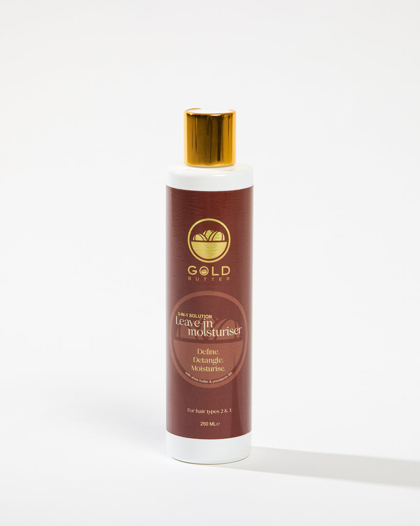 Gold Butter leave-in moisturiser for curly and coily hair, 3-in-1 formula to hydrate, detangle and define.