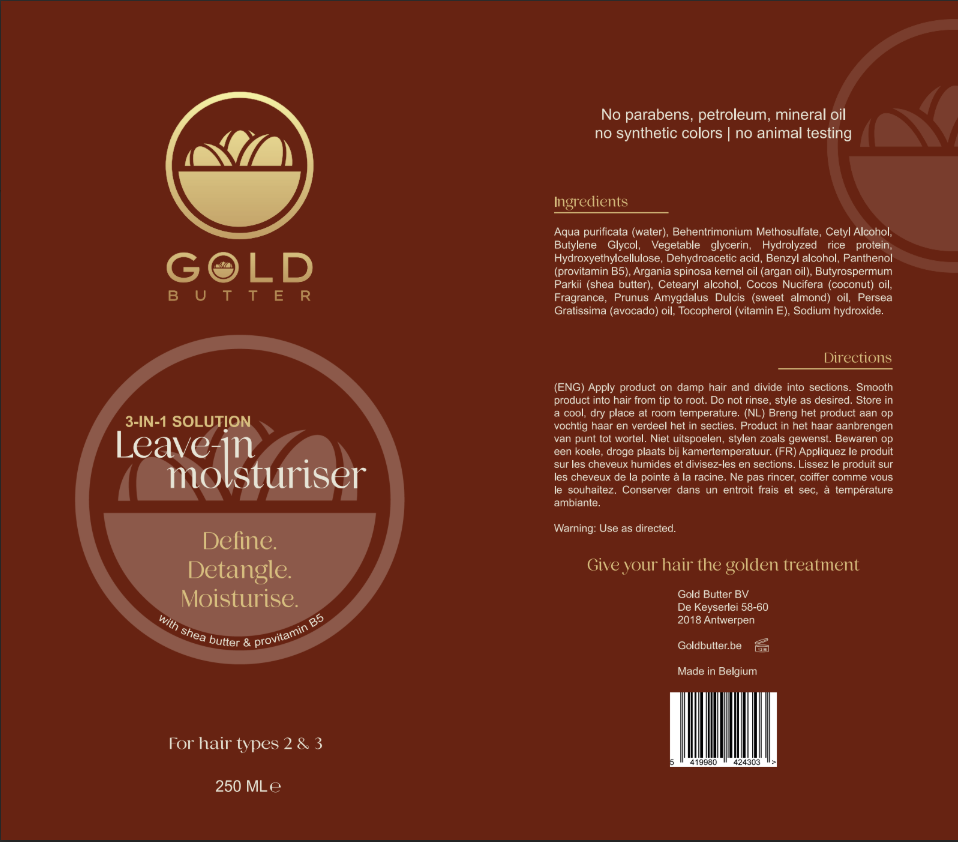 Gold Butter leave-in moisturiser for curly and coily hair, 3-in-1 formula to hydrate, detangle and define.