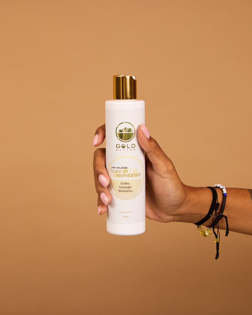 Gold Butter leave-in moisturiser for curly and coily hair, 3-in-1 formula to hydrate, detangle and define.