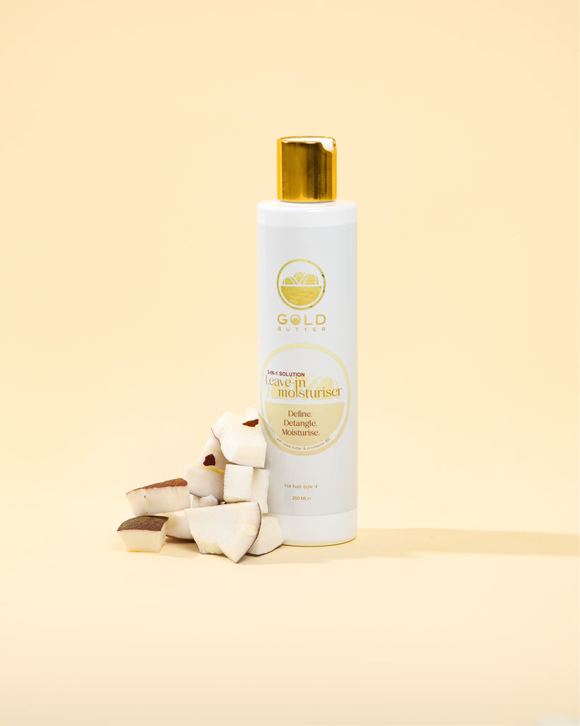 Gold Butter leave-in moisturiser for curly and coily hair, 3-in-1 formula to hydrate, detangle and define.